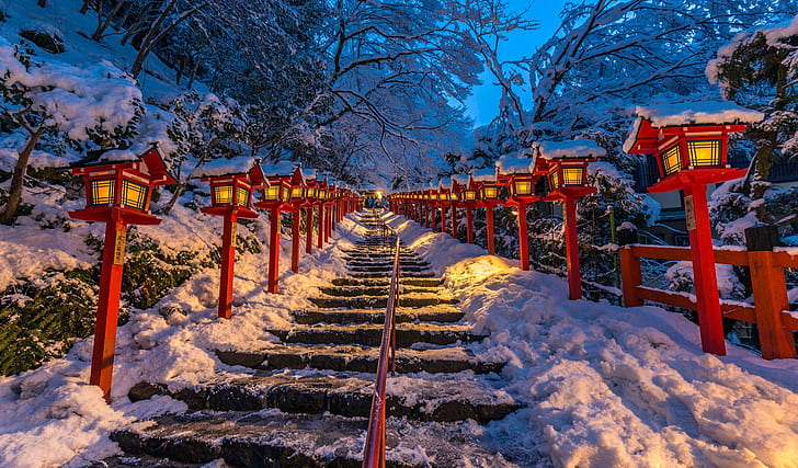 Japan, lights, ladder, Kyoto, Kifune shrine