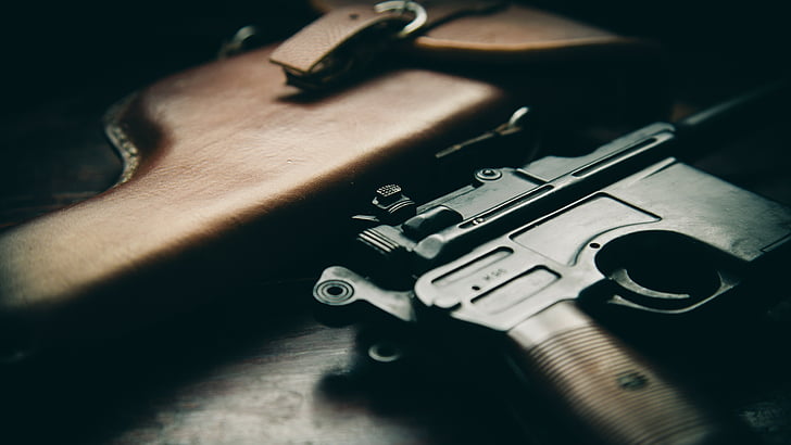 shallow focus photography of gun and sheath, Mauser C96, pistol, HD wallpaper