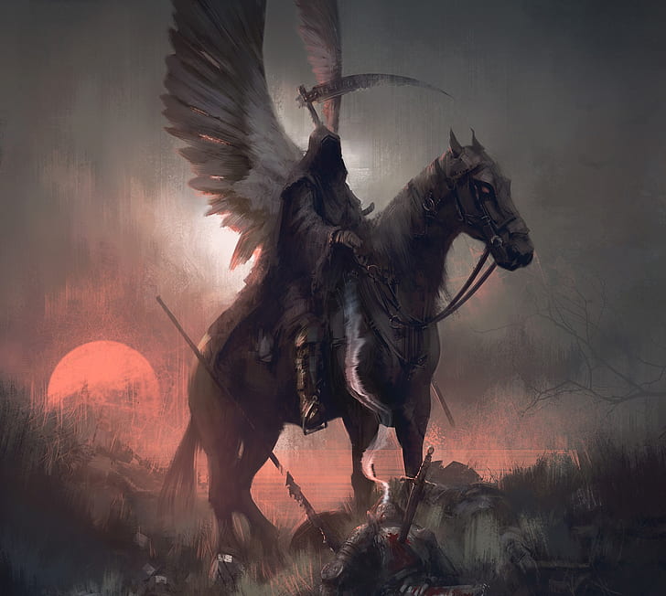 digital art, warrior, horse, sunset, wings, dark fantasy, sword
