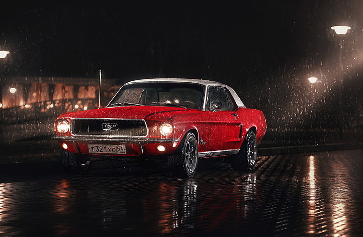 white, red, rain, Mustang, Ford, Parking, 1967, lampposts, washers, HD wallpaper