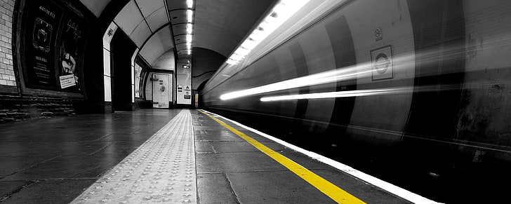 black floor tiles, subway, yellow, long exposure, London, city, HD wallpaper