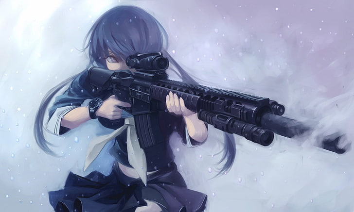 anime girls, original characters, gun, long hair, blue hair