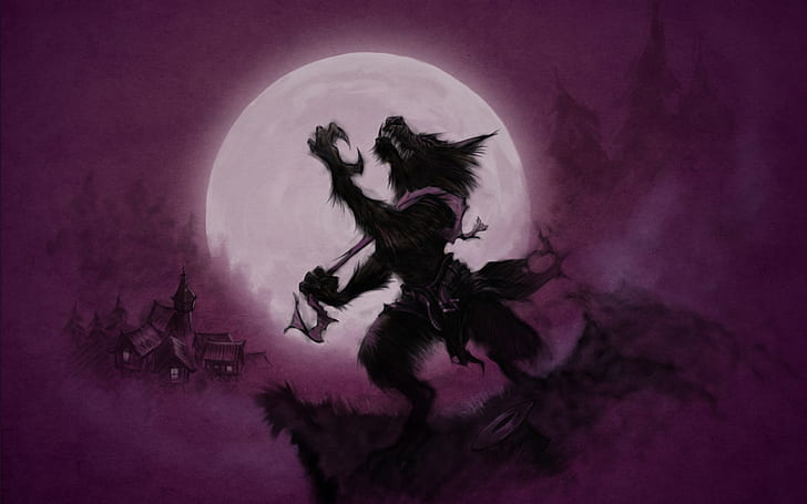 The moon, Wolves, Werewolf, Purple, HD wallpaper