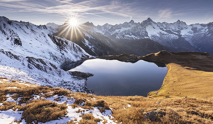 mountains, lake heart, sunrise, snow, landscape, HD wallpaper