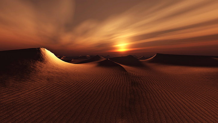 sky, horizon, sand, sand dune, landscape, dunes, desert, sunset, HD wallpaper