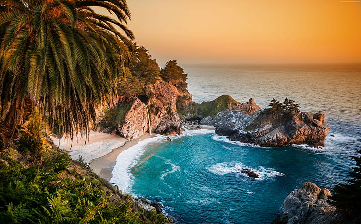 california, Pacific Ocean, mcway falls, 4k, 5k, sunset, big sur, HD wallpaper