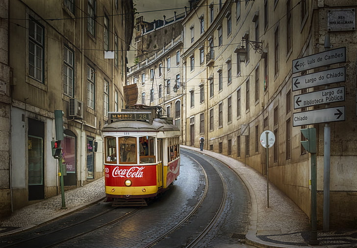 Cityscape, coca, cola, Lisbon, Portugal, Tram, HD wallpaper
