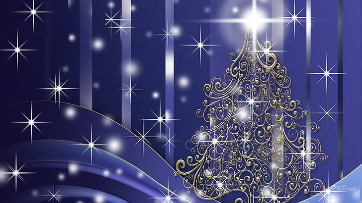 Gold Tree, stars, christmas, blue, feliz navidad, glow, sparkle