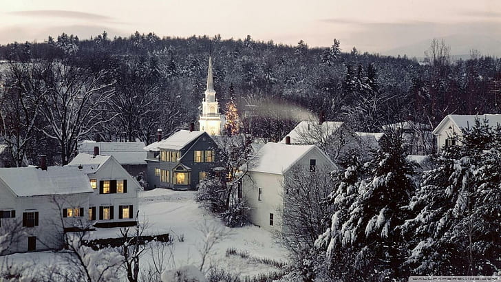 Winter Village Scene, lights, church, christmas, christmas tree