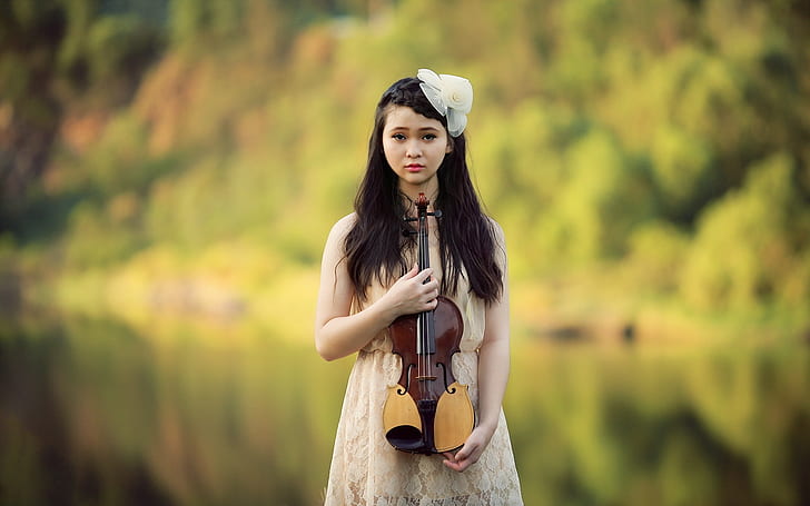 Beautiful asian girl, violin, music, HD wallpaper