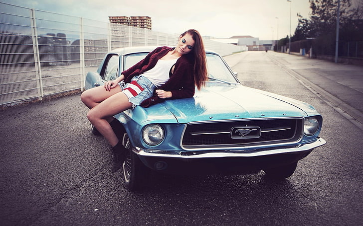 blue Ford Mustang coupe, women, car, jean shorts, sweater, open sweater