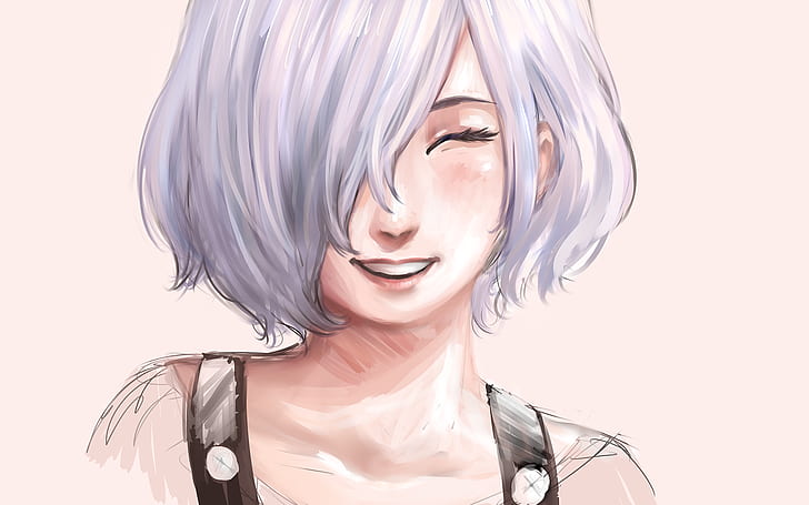 anime girl, warm smile, semi realistic, white hair, HD wallpaper