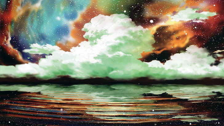 anime, nature, clouds, water, digital art, sky, cloud - sky, HD wallpaper