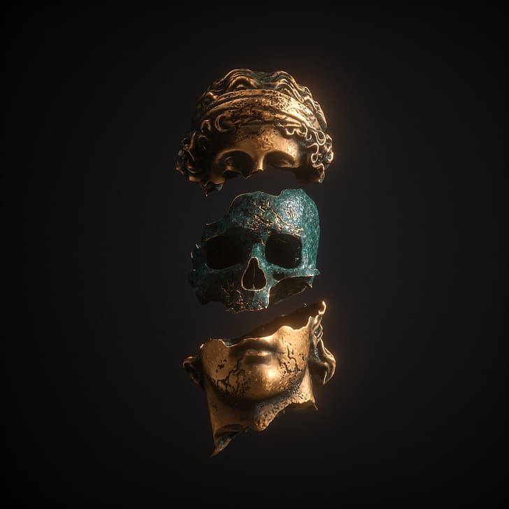 Apashe, skull, gold, black, black background, sculpture