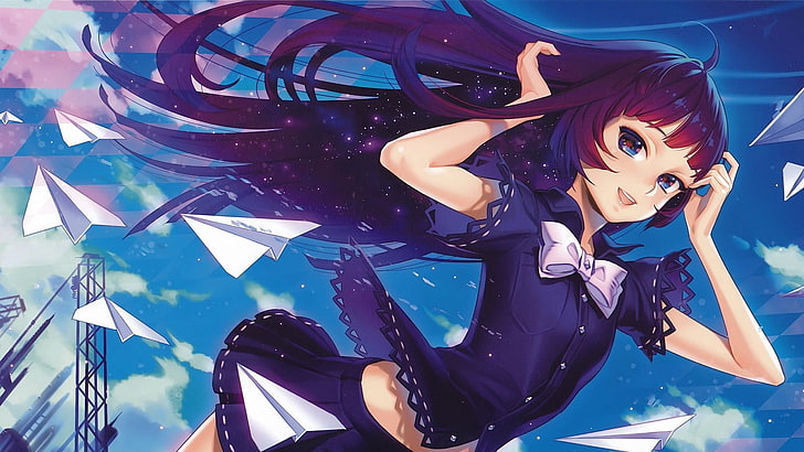 black haired female character illustration, anime girls, purple hair