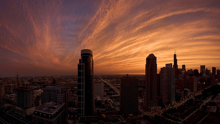 cityscape, building, sunset, Chicago, USA, skyline, skyscraper, HD wallpaper
