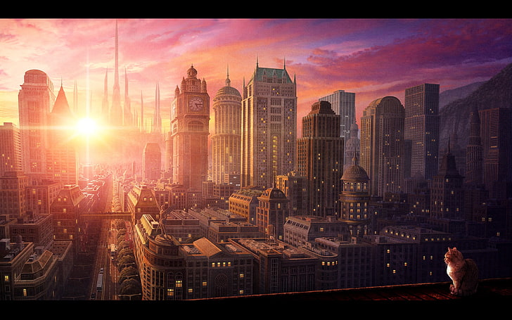 landscape view of city during sunrise, anime, cityscape, architecture, HD wallpaper
