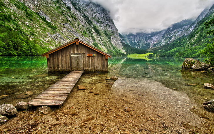 Obersee Mountain Lake In South Bavaria Germany Berchtesgaden National Park Wooden House Wallpaper For Desktop 1920×1200, HD wallpaper