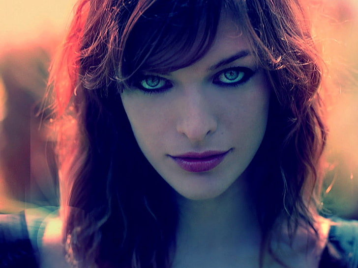 women's red lipstick, Milla Jovovich, eyes, model, actress, looking at viewer