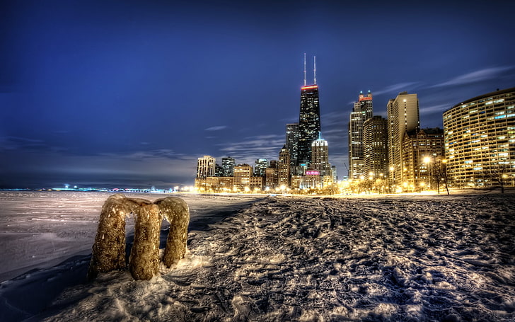 cityscape, HDR, snow, building, lights, Chicago, USA, building exterior, HD wallpaper