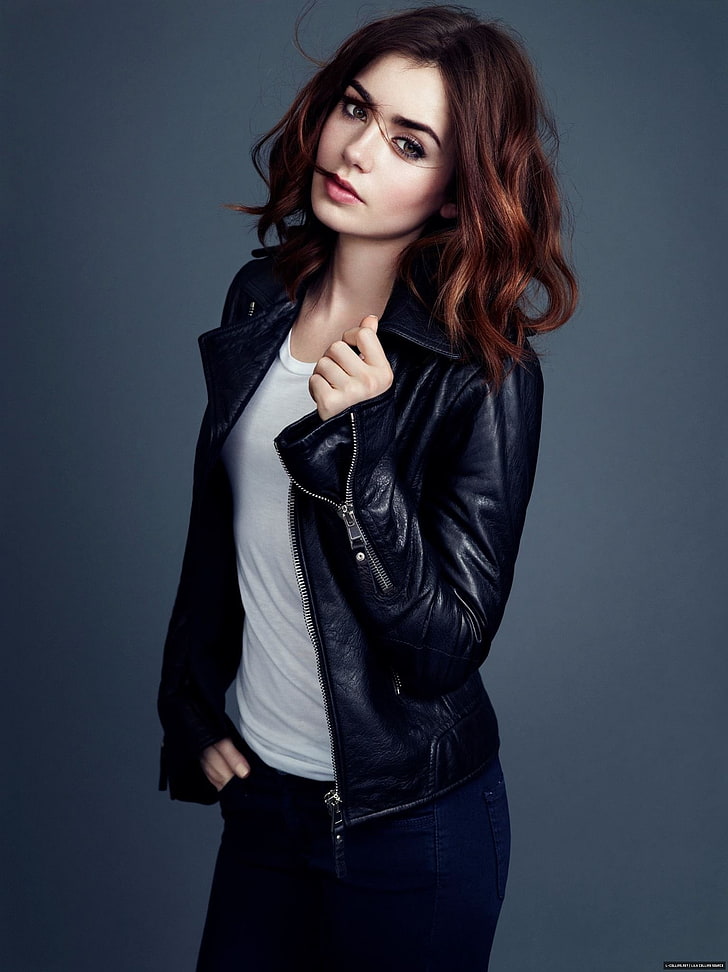 Lily Collins, portrait, women, leather jackets, hair in face