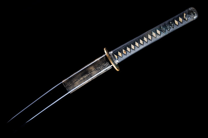 black handled katana sword, weapons, Japan, arm, black background, HD wallpaper