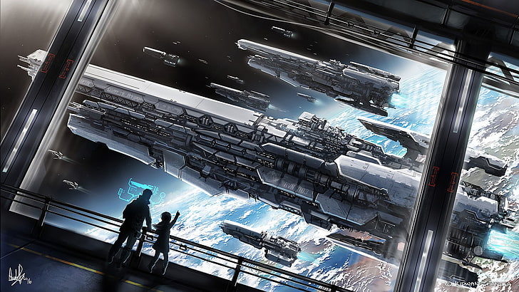 futuristic, space, planet, spaceship, architecture, people, HD wallpaper