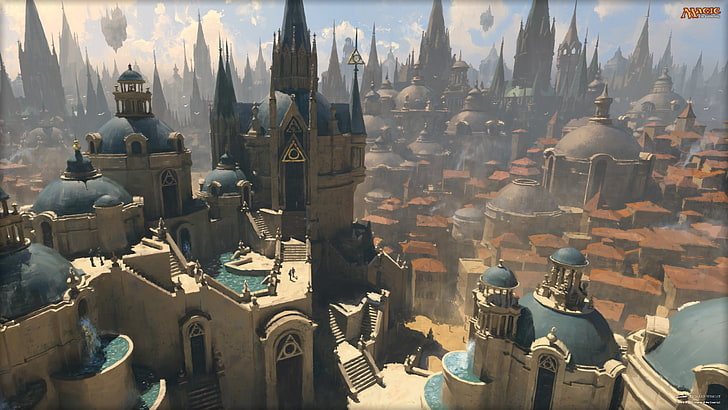 gray and blue castle, Magic: The Gathering, Azorius, town, architecture, HD wallpaper
