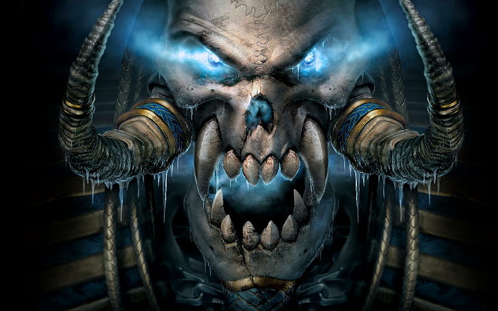 Horned Skull, warcraft logo, fantasy, eyes, blue, golden, scary