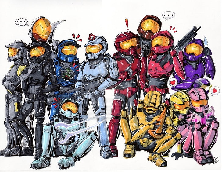 Halo characters drawing, Red vs. Blue, large group of objects, HD wallpaper