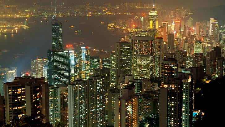 Hong Kong Buildings Skyscrapers Night HD, cityscape, HD wallpaper