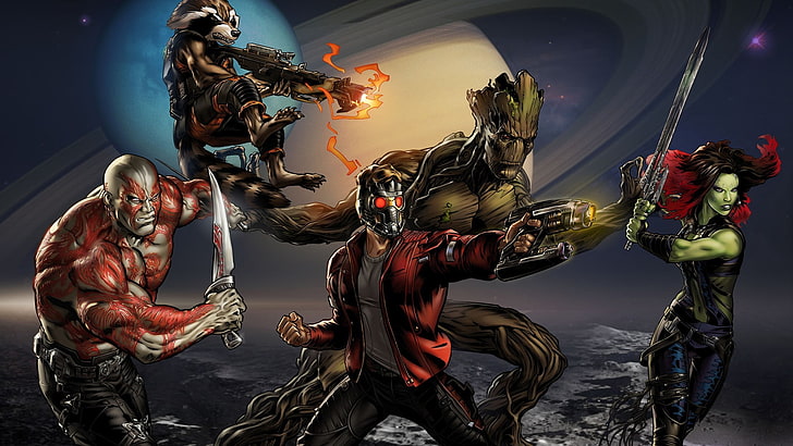 Guardians Of The Galaxy illustration, Star Lord, Gamora, Rocket Raccoon