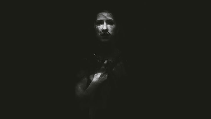 person wallpaper, creepy, monochrome, horror, studio shot, black background