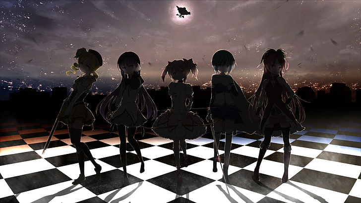 silhouette of five girls standing, Mahou Shoujo Madoka Magica