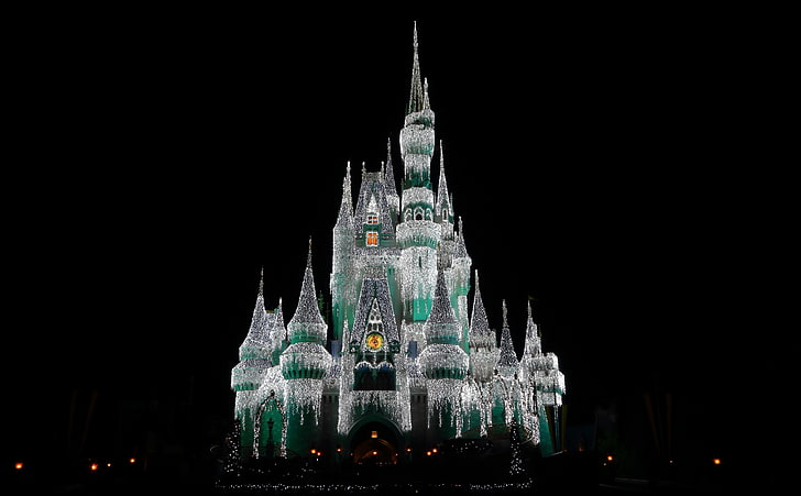 Cinderella Castle at Christmas, white and green castle, Aero