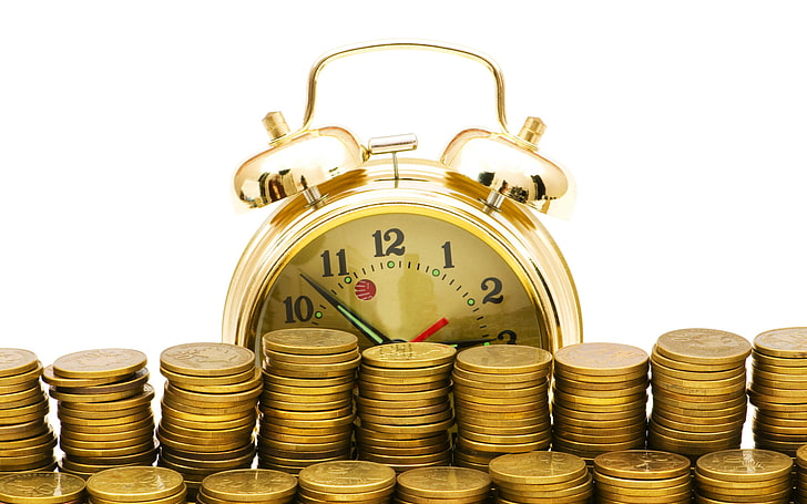 clock, coins, humor, money, Time, watch, studio shot, white background, HD wallpaper