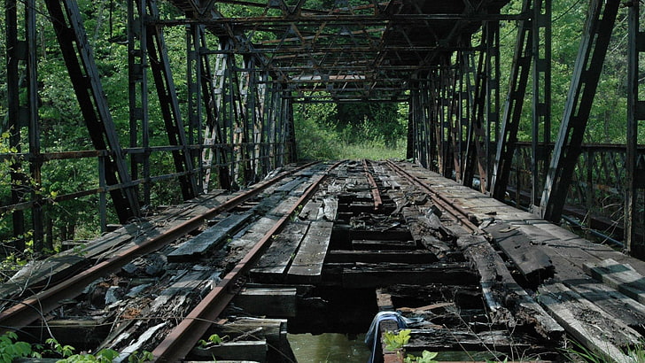 brown suspension bridge, ruin, railway, construction, metal, nature