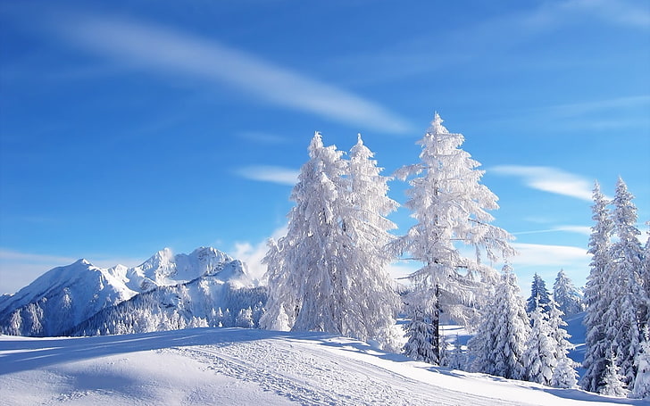 winter, snow, snowy peak, sunlight, mountains, blue, sky, cyan, HD wallpaper