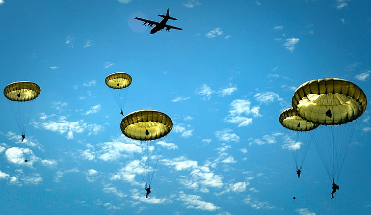 United States Army, airborne, military, USA, parachutes, Lockheed C-130 Hercules, HD wallpaper