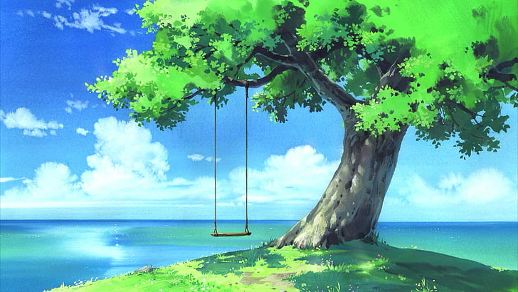 landscape, anime art, tree, sea, sky, cloud, swing, plant, cloud - sky