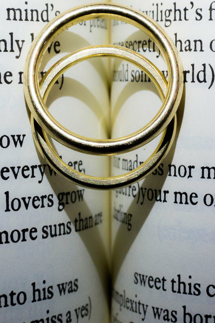 two silver rings on book page, Two Become One, art, happy, macro, HD wallpaper