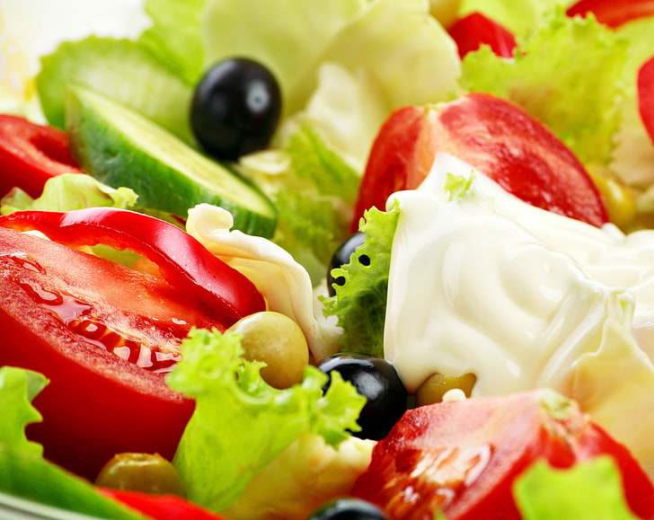 vegetable salad, vegetables, mayonnaise, olives, close-up, food, HD wallpaper