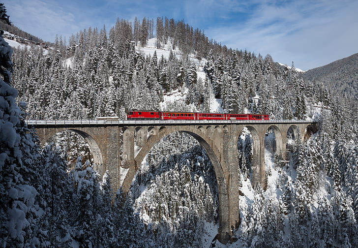 train, winter, Wiesen Viaduct, Switzerland