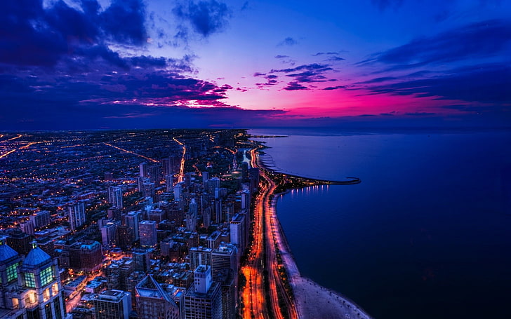 gray building, cityscape, night, sea, Chicago, water, beach, Lake Shore Drive