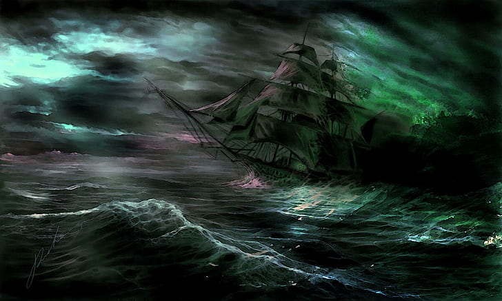 Ghost Ship, dark, boat, ocean, gloomy, painting, boats