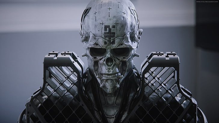 white and gray skull print helmet, science fiction, Armored, robot