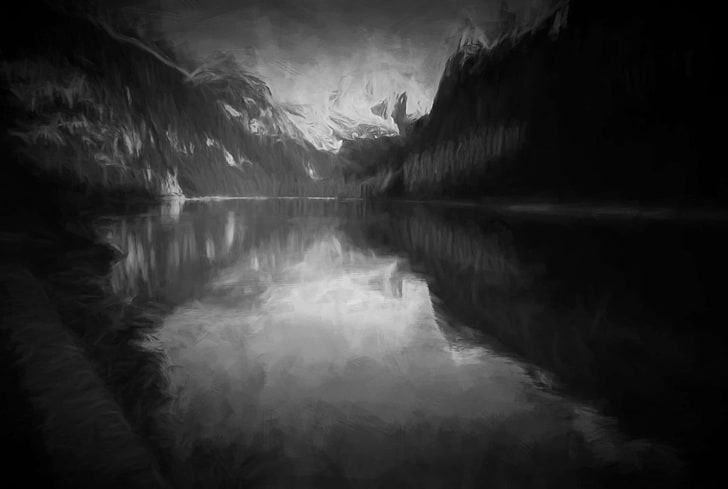 HD wallpaper: bw, canyon, mountain lake, reflection, swayzee, water ...