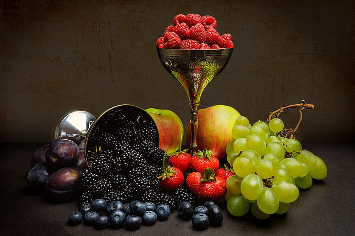 berries, raspberry, background, apples, strawberry, grapes, HD wallpaper