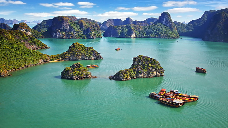 8k, Ha Long Bay, sea, Vietnam, mountains, water, nautical vessel