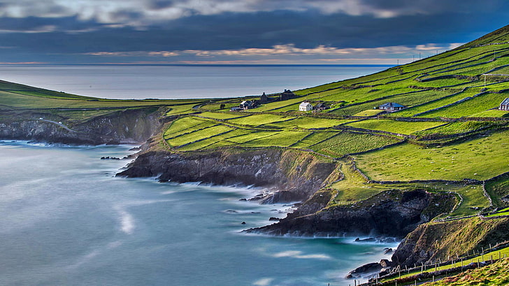 sea, field, house, slope, Ireland, County Kerry, water, scenics - nature